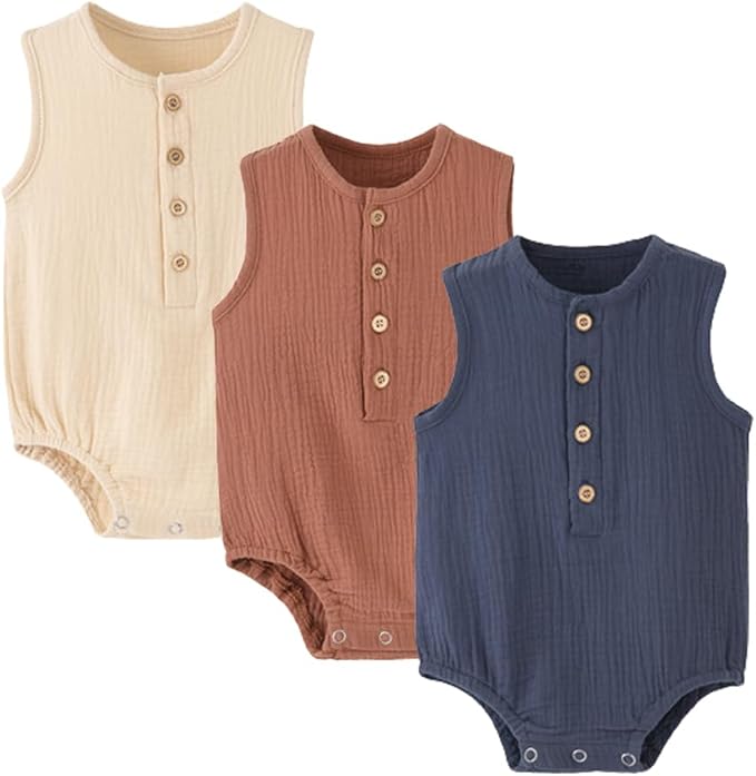 Baby Boy Romper 3 Pack Sleeveless Cotton Linen Tank Top Bodysuit | Breathable by WATOCHE