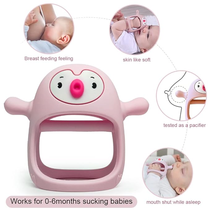 Smily Mia 2pack Penguin Teether for Babies 0-6Month, Infant Teething Toys,Pacifiers for Breastfed Babies, Silicone Teething Mittens for 3-6Months, Perfect Shower Gift+Baby Registry, Pink&Purple