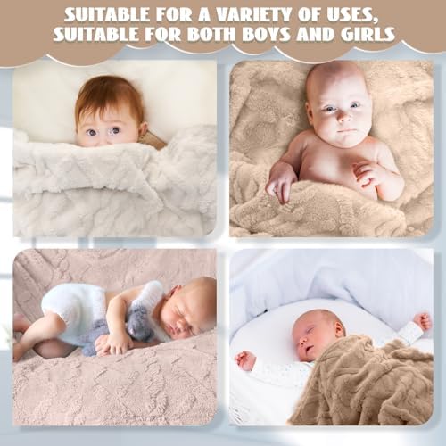 VitalCozy 4 Pcs Fleece Baby Blankets 3D Plush Soft Newborn, Khaki Set | - Image 6