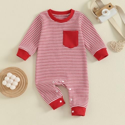 VISGOGO Newborn Infant Baby Boy Waffle Cotton Romper Clothes Onesie Stripe - Image 4