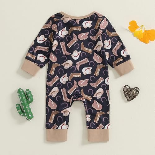 Western Baby Cowboy Clothes Neutral Zipped Fall Romper Outfit - Image 3