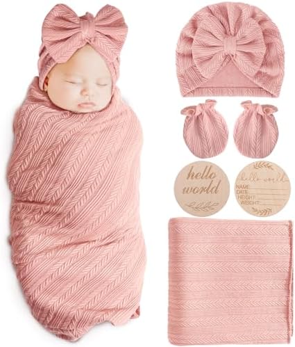 AQOKKA Newborn Receiving Blanket Wheat Ear Bow Hat Mitten Set | 4 Set Receiving by AQOKKA