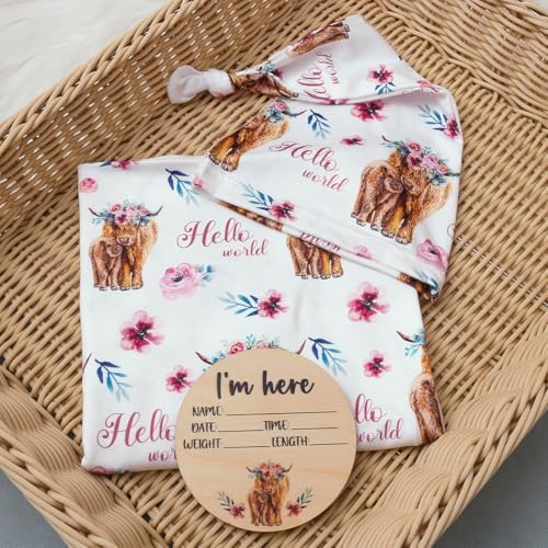 Ylsteed Baby Highland Cow Swaddle Blanket and Headband Set, Newborn Receiving - Image 2