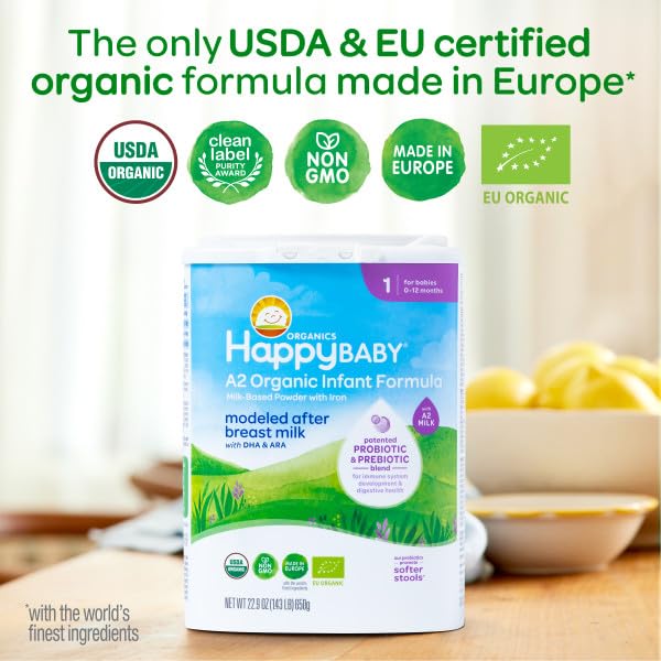 Happy Baby Organics Stage 1 A2 Infant Formula, 0 12 Months, Milk Based Organic Baby Formula Powder with A2 Milk, Probiotics & Prebiotics for Immune & Digestive Support, 22.9 Ounce (Pack of 2)