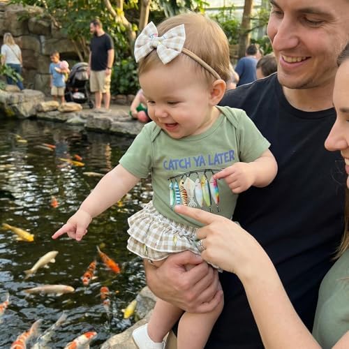 Newborn Baby Girl Fishing Outfit Fish Onesie Short Sleeve Romper Ruffle Plaid - Image 2