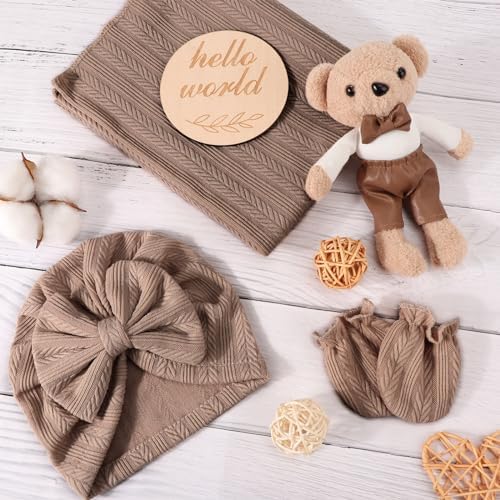 AQOKKA Newborn Receiving Blanket Wheat Ear Bow Hat Mitten Set | 4 Set Receiving - Image 2