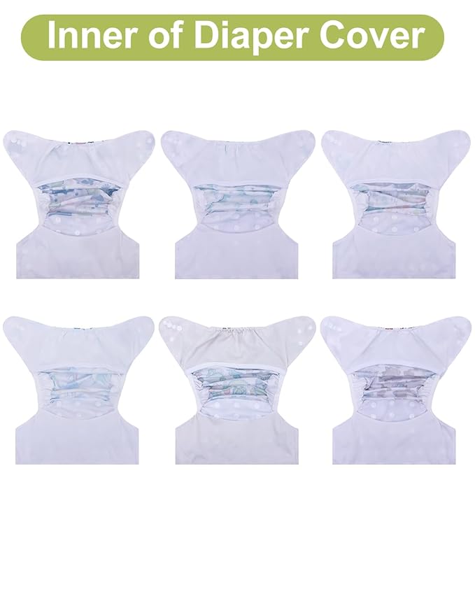 babygoal Cloth Diaper Covers 6 Pack with Wet Bag for Fitted Diapers and Prefolds with Double Gussets, Adjustable and Reusable for Baby Boys and Girls 6DCF11-B
