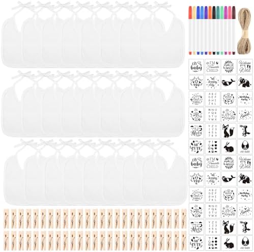 110 Pcs DIY Baby Bibs Decorating Set Includes 24 White Bibs, 12 Fabric Markers by Bringsparkletoeverydaylife
