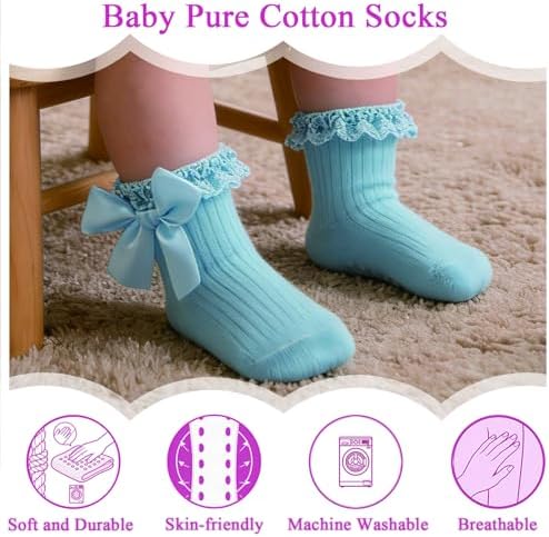 Baby Girl Socks, Ruffle Grip Bows, Toddler Newborn Infant, 6 Pairs - Image 3