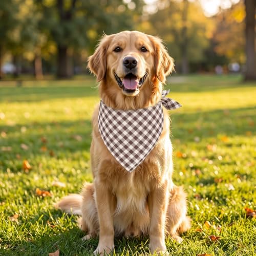 Khaki Gingham Dog Bandana, Cotton Linen Adjustable Triangle Dog Scarf Plaid Pet - Image 5