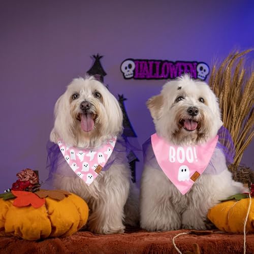 JarThenaAMCS 2Pcs Halloween Dog Bandana Pink Boo Ghost Print Fabric Pet Scarf - Image 6