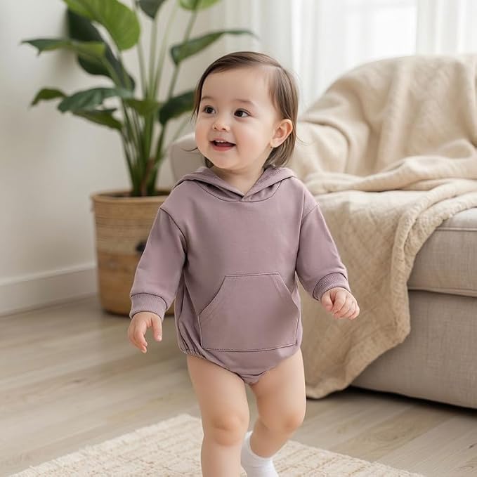 Newborn Baby Girl Boy Hoodie Romper Solid Long Sleeve Hooded Sweatshirt - Image 3