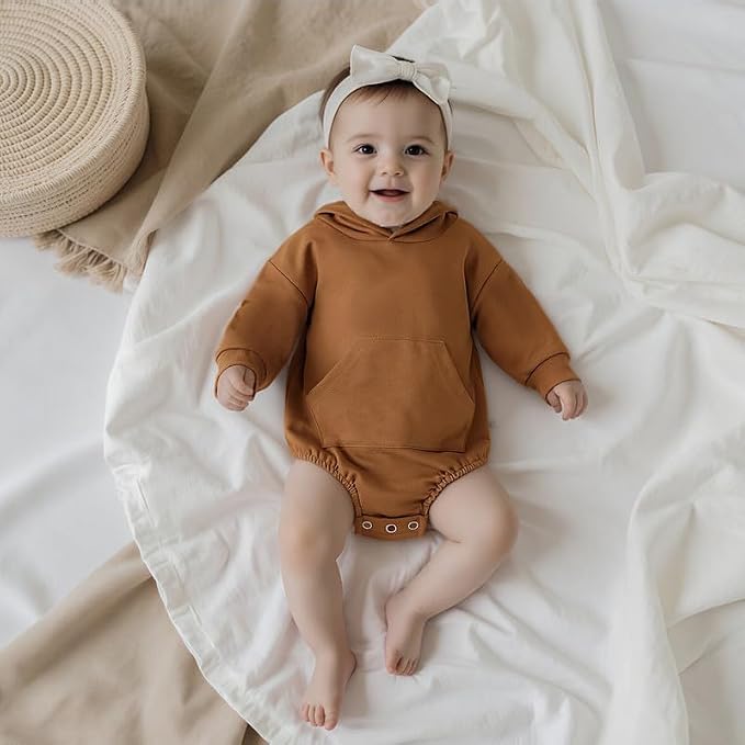 Newborn Baby Girl Boy Hoodie Romper Solid Long Sleeve Hooded Sweatshirt - Image 3