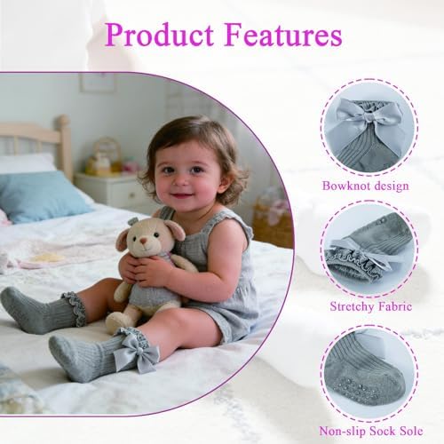 Baby Girl Socks, Ruffle Grip Bows, Toddler Newborn Infant, 6 Pairs - Image 5