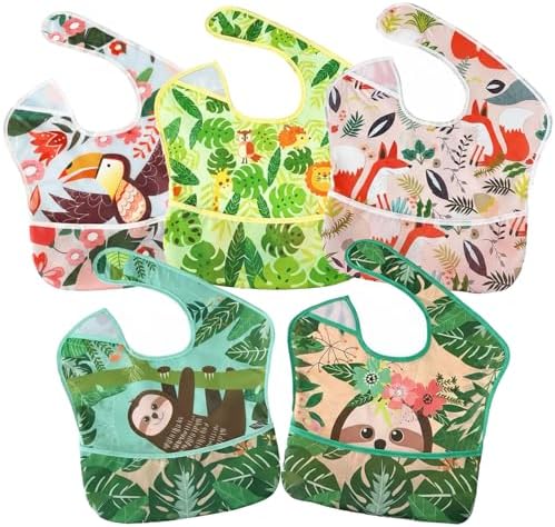 PandaEar 5 Pack Baby Bibs for Boys & Girls, Waterproof Adjustable Mealtime Bibs by PandaEar