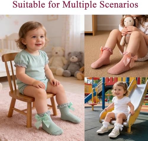 Baby Girl Socks, Ruffle Grip Bows, Toddler Newborn Infant, 6 Pairs - Image 5