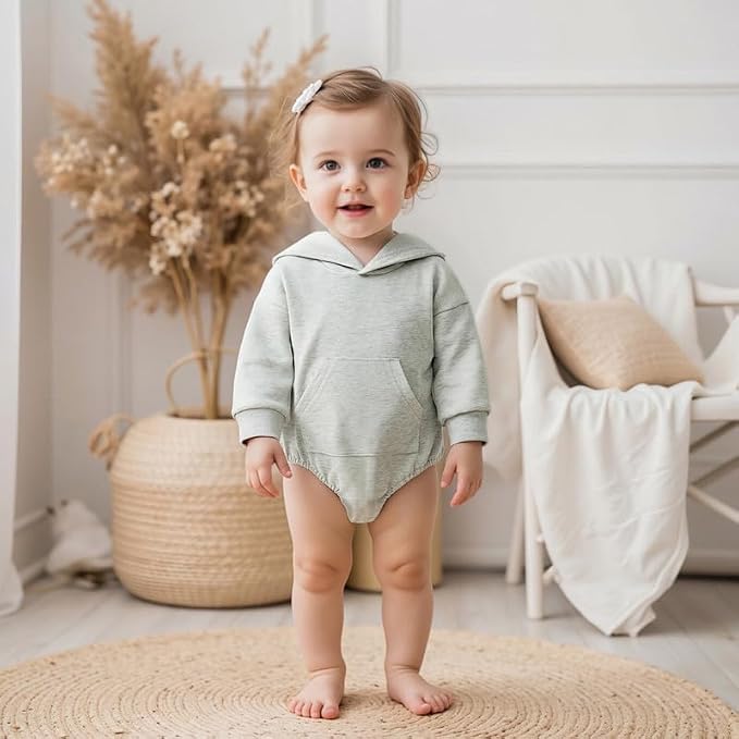 Newborn Baby Girl Boy Hoodie Romper Solid Long Sleeve Hooded Sweatshirt - Image 3