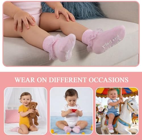 Baby Girl Ruffle Socks with Grips Lace Frilly Ankle Dress Socks - Image 4