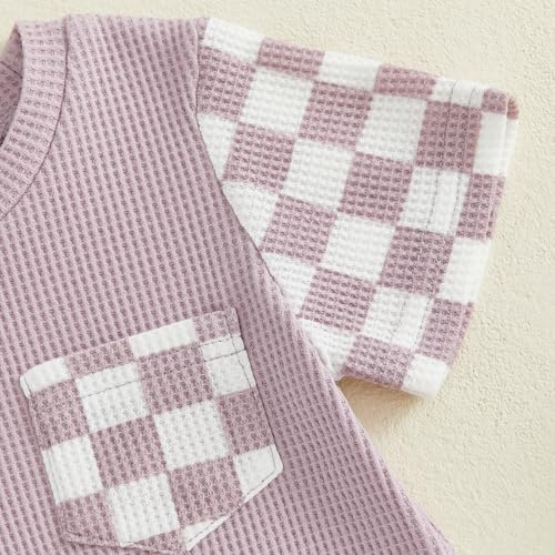 Newborn Baby Boy Girl Clothes Checkered Plaid Romper Waffle Knit Short Sleeve - Image 6