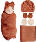 AQOKKA Newborn Receiving Blanket Wheat Ear Bow Hat Mitten Set | 4 Set Receiving by AQOKKA