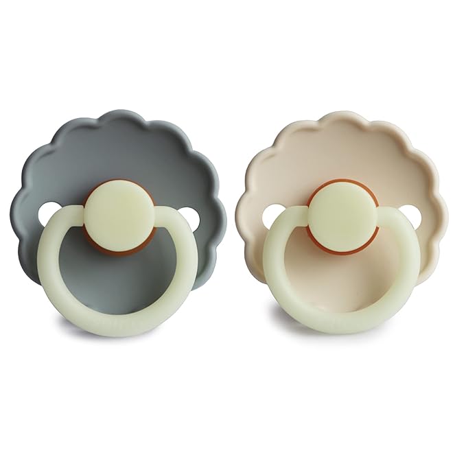 FRIGG Daisy Night Natural Rubber Baby Pacifier | Made in Denmark | BPA-Free (French Gray/Croissant, 0-6 Months) 2-Pack