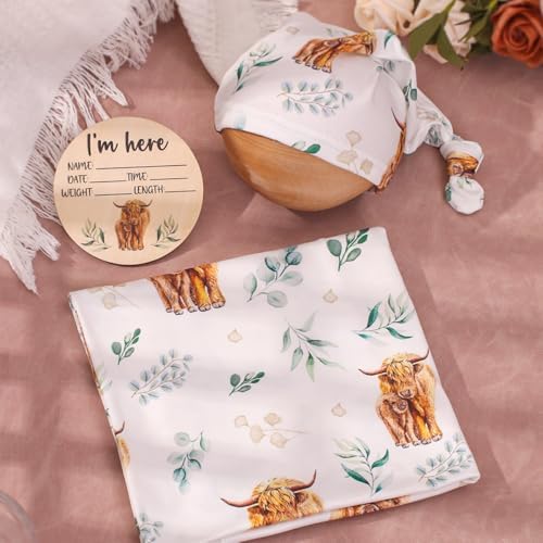 Ylsteed Baby Highland Cow Swaddle Blanket and Headband Set, Newborn Receiving - Image 4