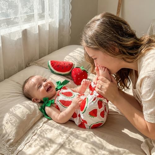 Baby Girl Watermelon Outfit Sleeveless Bubble Romper Strawberry Print Smocked - Image 3