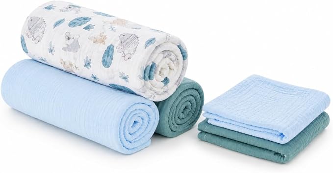 5 Pack Muslin Swaddle Blankets & Baby Burp Cloths, Soft & Breathable Cotton by RILIHO