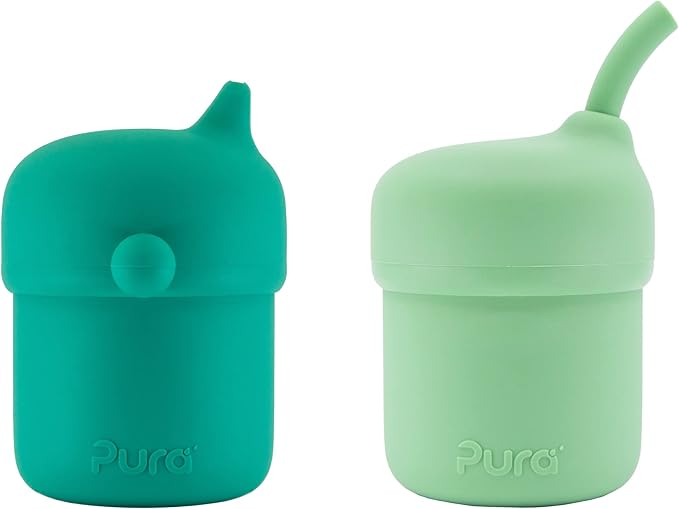 Pura my-my Silicone Sippy Cup - Training Cup, Reusable, Platinum Food Grade Medical Grade, Spill Proof Cups for Kids, Toddlers, Babies & Infants - 2-Pack Mint + Straw, Moss Combo