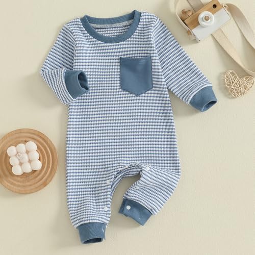 VISGOGO Newborn Infant Baby Boy Waffle Cotton Romper Clothes Onesie Stripe - Image 5