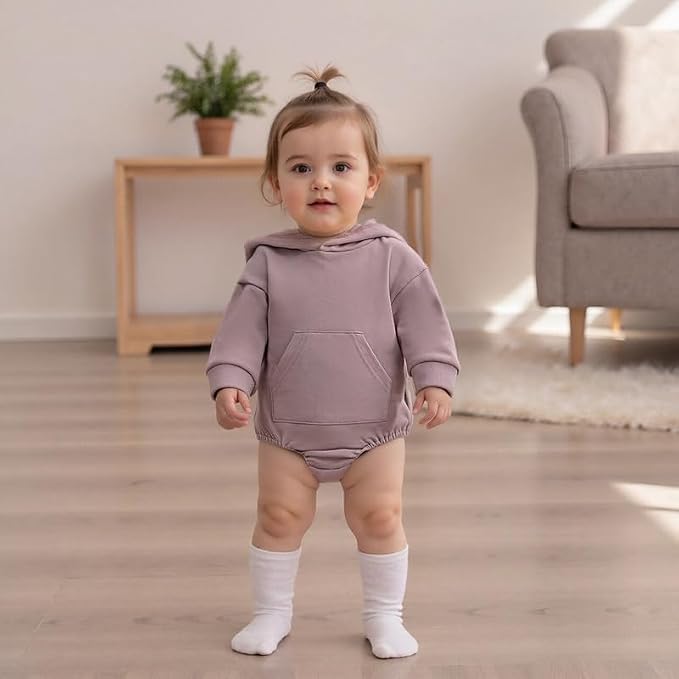 Newborn Baby Girl Boy Hoodie Romper Solid Long Sleeve Hooded Sweatshirt - Image 4