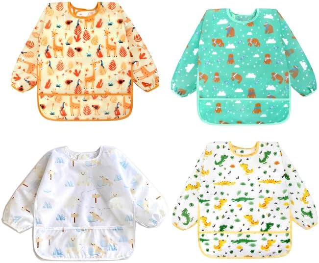 Accmor 4 Pack Long Sleeve Bibs, Baby Smock Waterproof Full Sleeved Bib by Accmor
