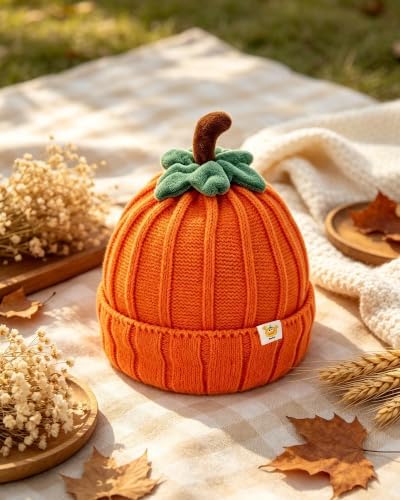 Pumpkin Knitted Beanie Hat Orange - Image 3