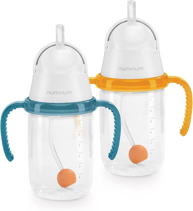 NumNum Baby Straw Cup, Weighted Straw Cup, Spill Proof Sippy Cups with Straw for 6-12 Months, Toddler Drinking Cups, Baby Essentials (2-Pack, Blue/Orange)