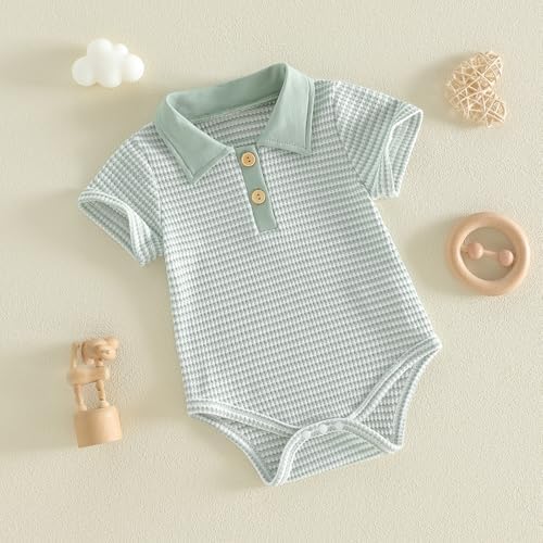 VISGOGO Baby Boy Striped Romper Waffle Short Sleeve Button Oversized Bodysuit - Image 5