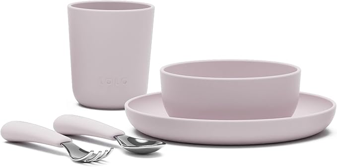 Lalo Big Bites Kids Dinnerware Starter Set - Dishwasher Safe, BPA Free, Kids Tableware Set - Includes Stackable Bowl, Plate, Utensils & Cup - 5 Pieces - Lavender