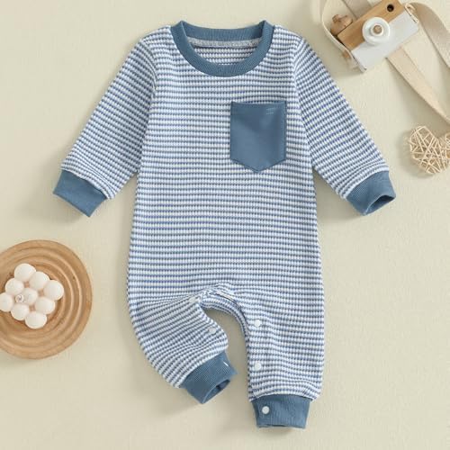 VISGOGO Newborn Infant Baby Boy Waffle Cotton Romper Clothes Onesie Stripe - Image 4