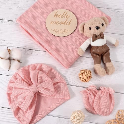 AQOKKA Newborn Receiving Blanket Wheat Ear Bow Hat Mitten Set | 4 Set Receiving - Image 2