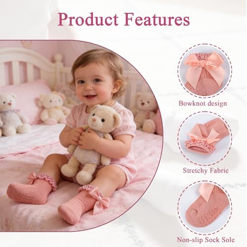 Baby Girl Socks, Ruffle Grip Bows, Toddler Newborn Infant, 6 Pairs - Image 5