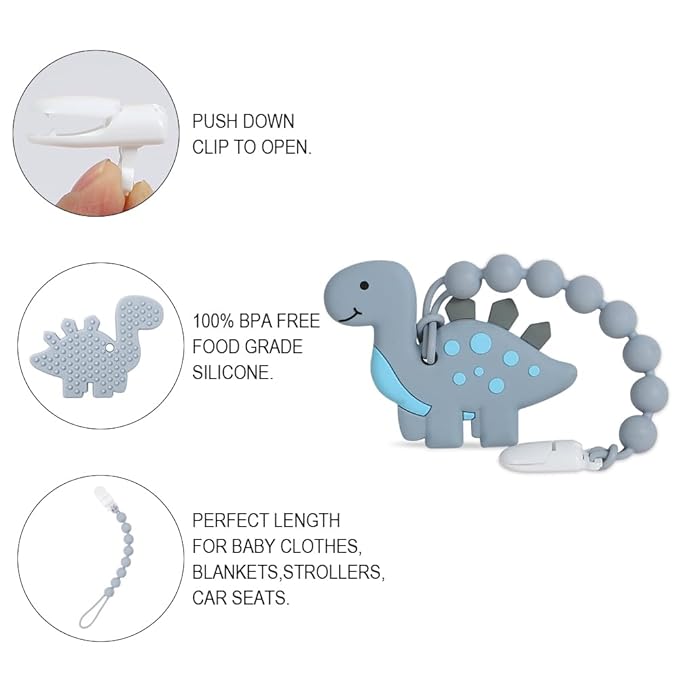 Baby Teething Toys,Food Grade Silicone Teether with One-Piece Pacifier Clip Holder,Shower Gift,Highly Effective Pain Relief for 3 Months+ Boy and Girl,BPA Free,Freezer Safe. (Dinosaur)