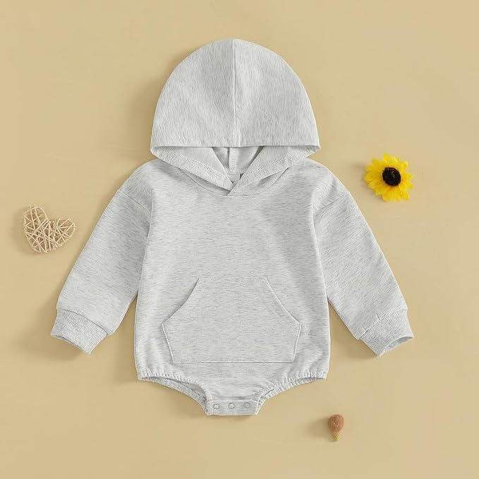 Newborn Baby Girl Boy Hoodie Romper Solid Long Sleeve Hooded Sweatshirt - Image 6