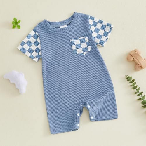 Newborn Baby Boy Girl Clothes Checkered Plaid Romper Waffle Knit Short Sleeve - Image 4