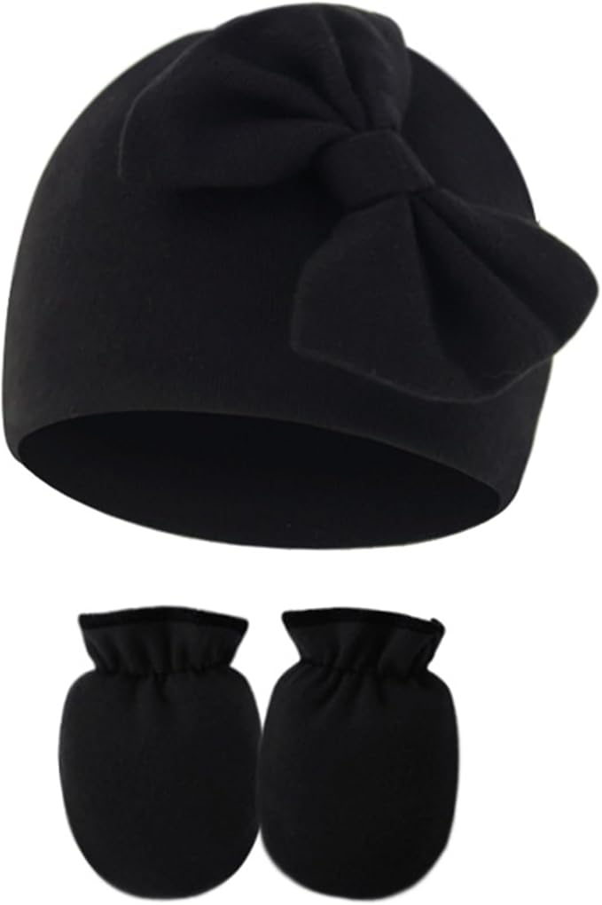 UTTPLL Newborn Beanies Cap No Scratch Mittens Set 0-6 Months Infant Bow Caps by UTTPLL
