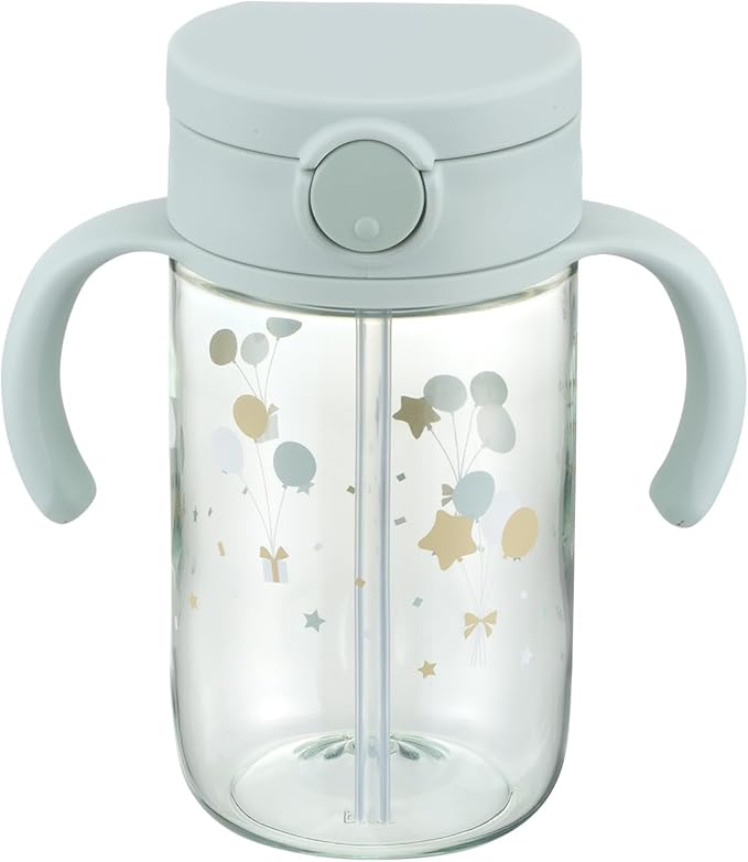 Richell On-the-Go Sippy Cup with Silicone Straw and Removable Handles, 10 oz, Easy Grip for Infant-Toddlers Sparkle Balloon, Light Blue