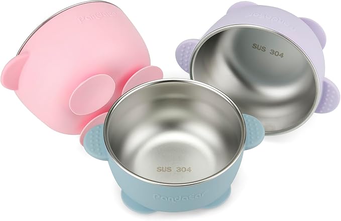 PandaEar 3 Pack Baby Stainless Steel Bowls with Suction, Non-Slip Child Food Bowl with Silicone Sleeve for Kids Toddlers Infants, Extra Strong Base, BPA free