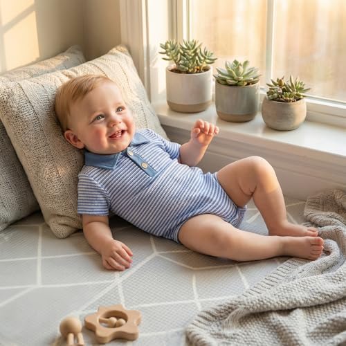 VISGOGO Baby Boy Striped Romper Waffle Short Sleeve Button Oversized Bodysuit - Image 3