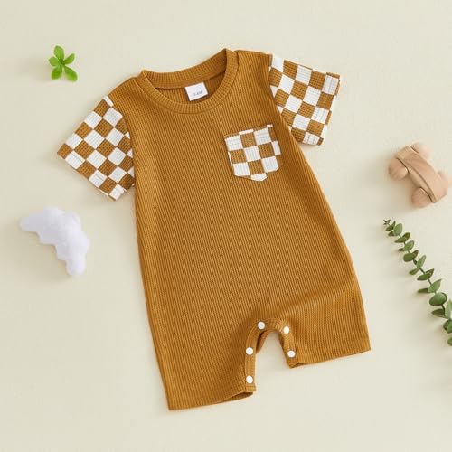 Newborn Baby Boy Girl Clothes Checkered Plaid Romper Waffle Knit Short Sleeve - Image 3