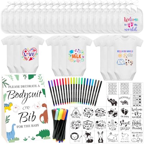 Bibs Bodysuits Baby Shower Game Sign Set Newborn Onesies Feeder Gift Fabric by Aisharery