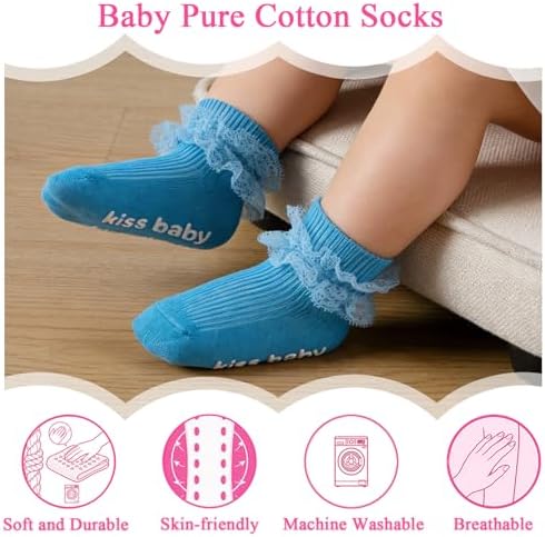 Baby Girl Ruffle Socks with Grips Lace Frilly Ankle Dress Socks - Image 3
