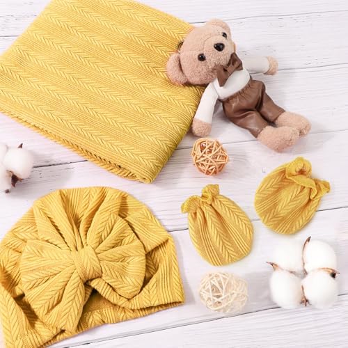 AQOKKA Newborn Receiving Blanket Wheat Ear Bow Hat Mitten Set | 4 Set Receiving - Image 3